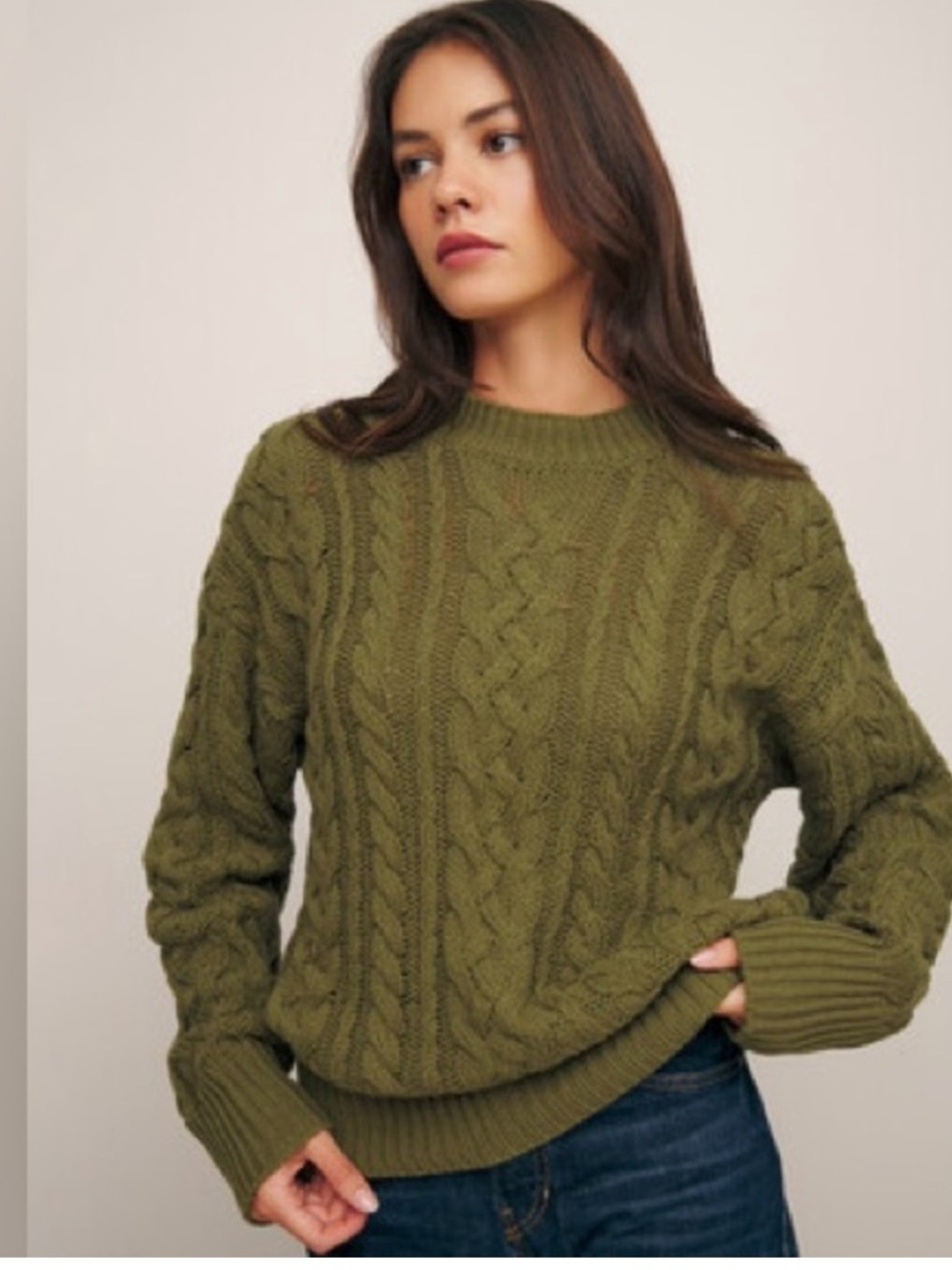 REFORMATION Sam Sweater Oversized Cotton Cashmere Crewneck Sweater Olive Green